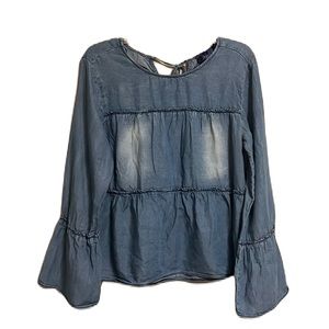 Women’s BLUE RAIN, 90’s, Boho, 100% Tencel, Long Bell Sleeves Denim Top, Size Sm